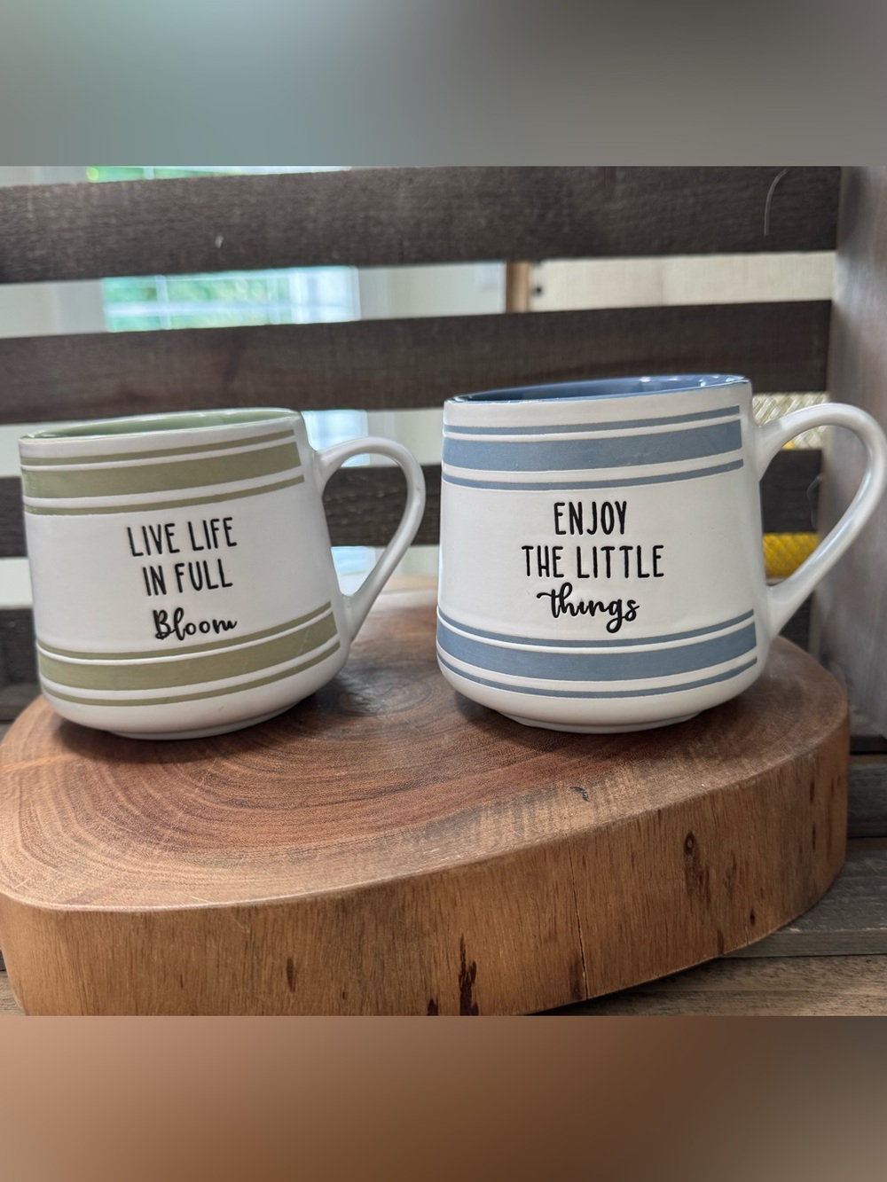 Mug Set Features Striped Design in Sage Green and Beautiful Blue